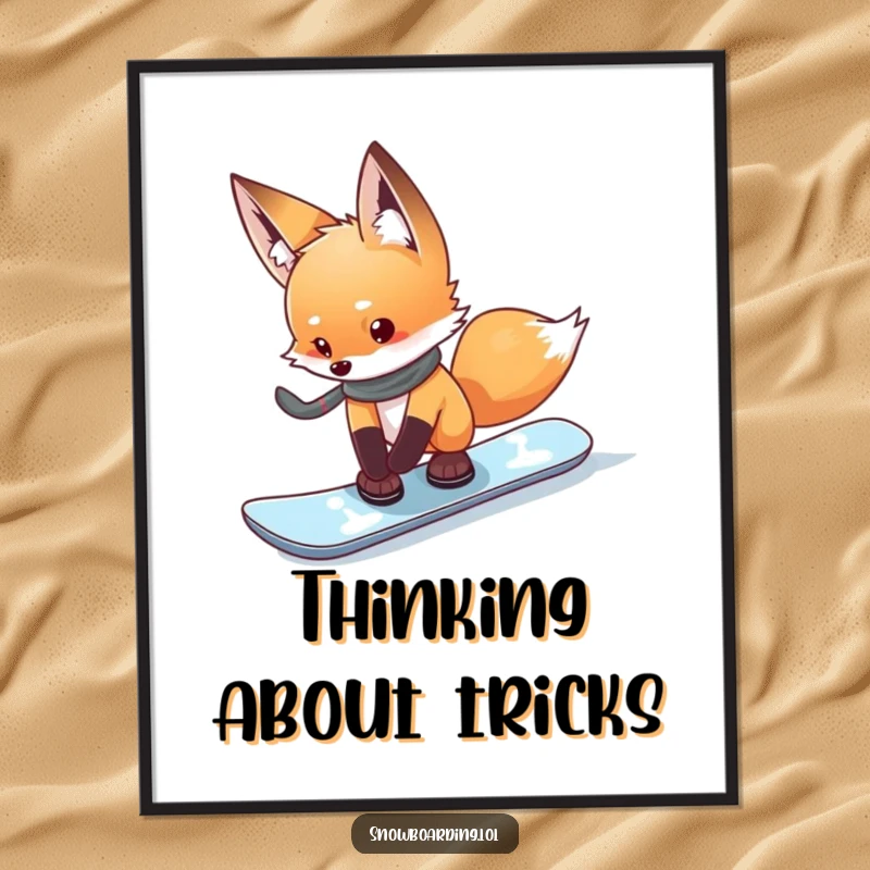 Funny curious fox cautiously testing its snowboard edge, a humorous poster for thoughtful winter decor.