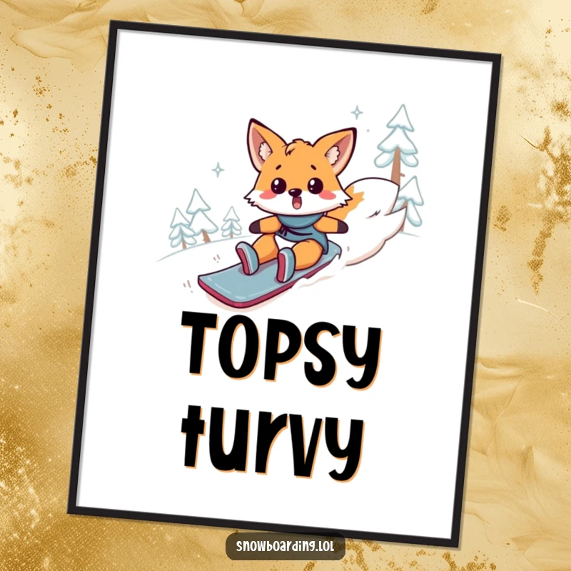 Funny fox poster, a surprised animal comically tumbling headfirst down a snowy mountain on a snowboard. Hilarious wall decor.