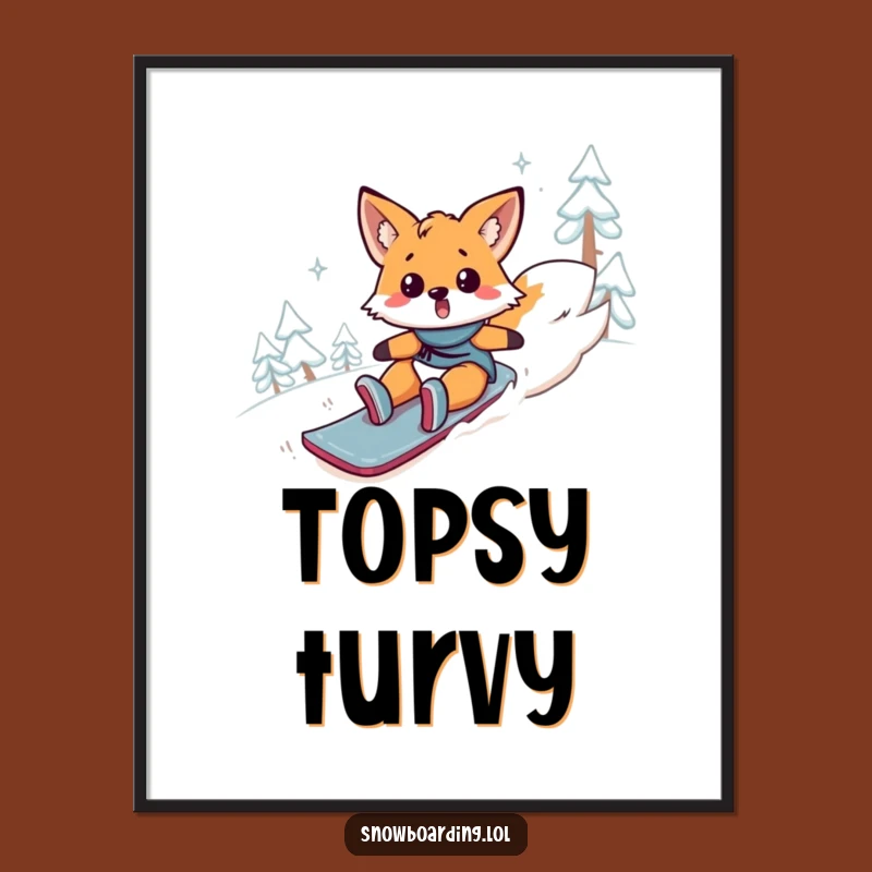 Funny Fox Snowboard Fail Poster: Surprised Animal Tumbling, Hilarious Wall Art, Gift