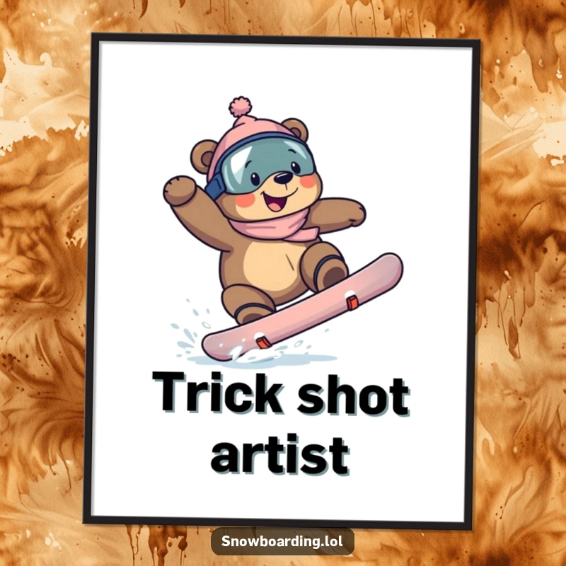 Funny bear snowboarding poster, a grinning bear captured mid-landing after a spectacular trick on a snowboard.