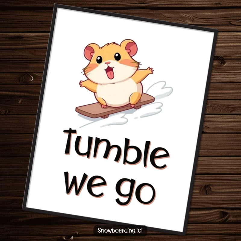 Funny poster print of a surprised hamster comically tumbling down a snowy slope on a snowboard, mid-fall with a shocked expression.