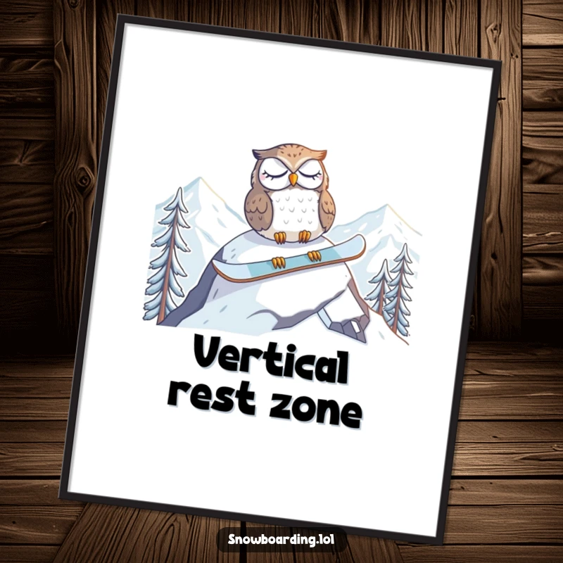 Funny poster of a tired owl napping on a snowboard at the mountain peak, perfect for adding peaceful and humorous wall art.