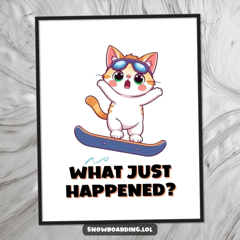Funny surprised cat captured mid-jump on a snowboard, embodying winter sports excitement and comical mishaps for wall decor.