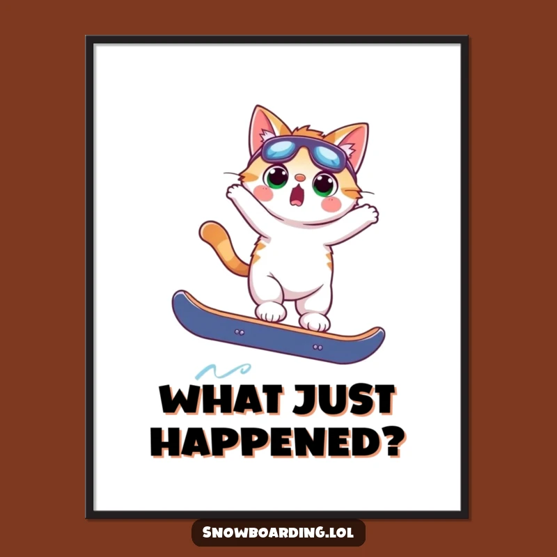 Funny Surprised Cat Snowboarding Poster: Hilarious Wall Art for Winter Enthusiasts