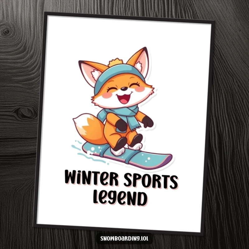 Funny poster print of a joyful fox catching air on a snowboard, mid-jump with a huge grin and snowy motion.