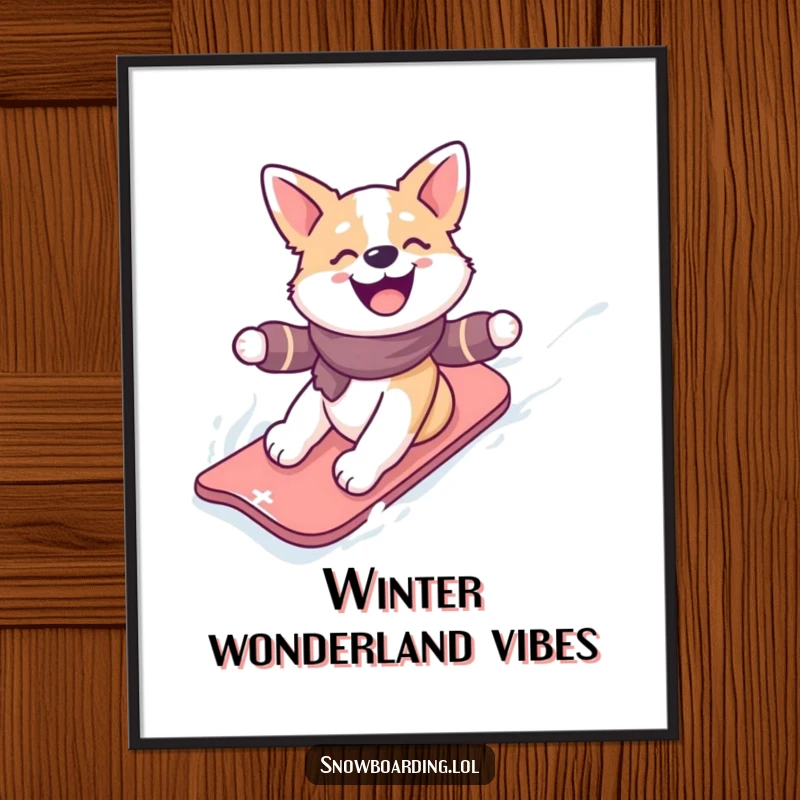 Funny poster of a happy dog gleefully snowboarding down a snowy slope, capturing thrilling winter fun and pure joy.
