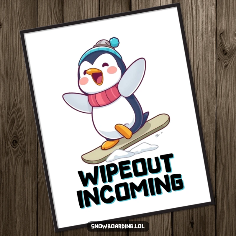 Funny Penguin Snowboarder Poster: A delighted penguin performing an endearingly wobbly and comical snowboard trick.