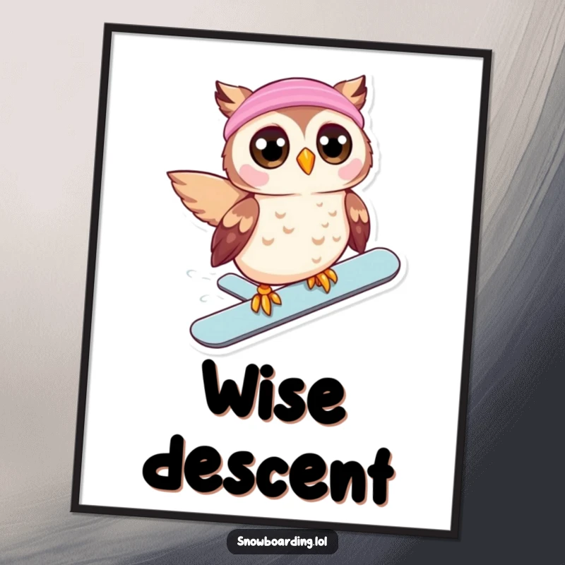 Funny poster art of a beaming owl with wide eyes, joyfully snowboarding downhill, conveying thrilling winter fun and exhilaration.