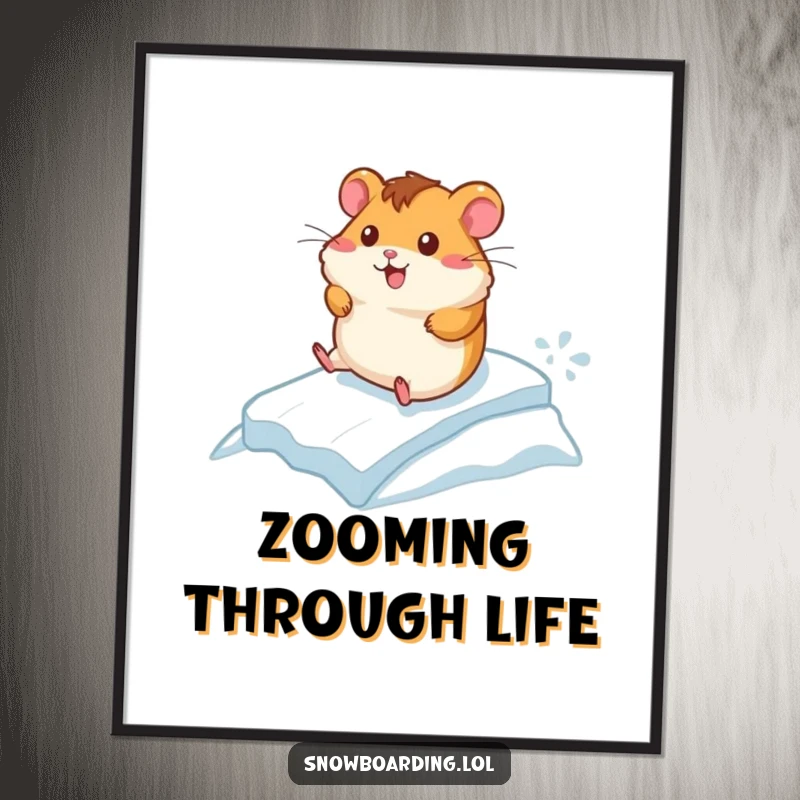 Funny poster art of a cheerful hamster racing down a small icy incline, capturing a moment of exhilarating, small-scale action.