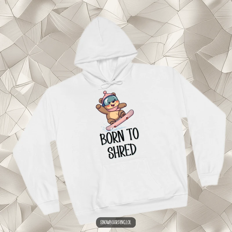 Funny bear snowboarding hoodie, a grinning bear successfully landing a snowboarding trick, embodying power and playful determination.