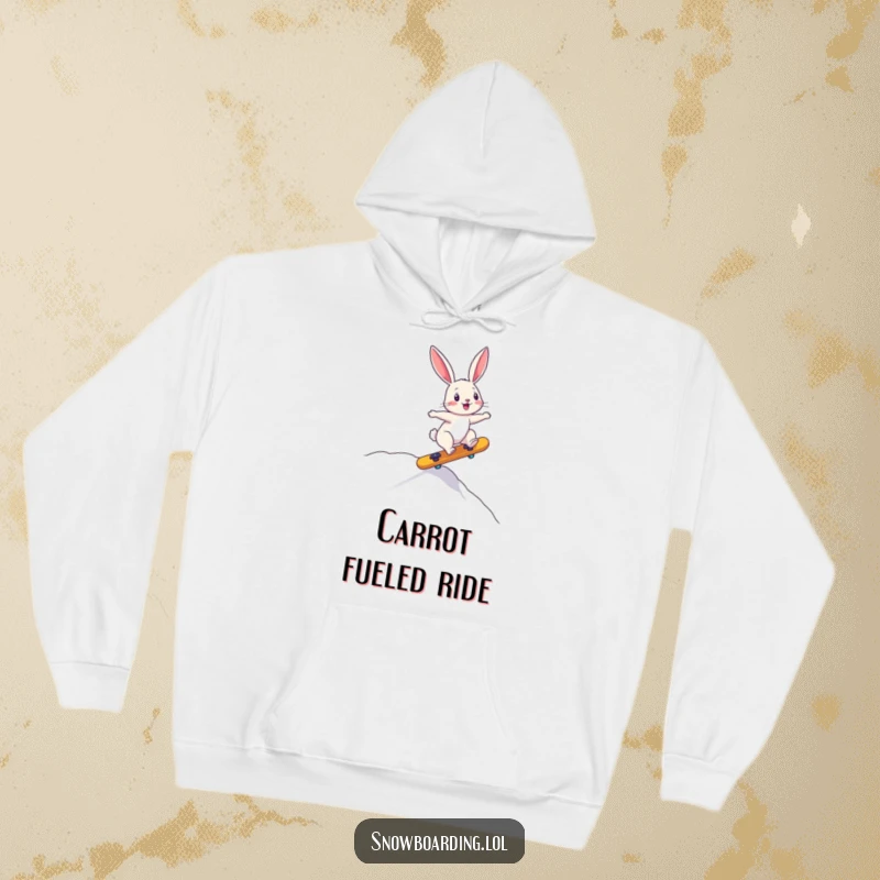 Funny hoodie featuring a bouncing bunny precariously riding a board downhill, perfect for staying warm with playful energy.