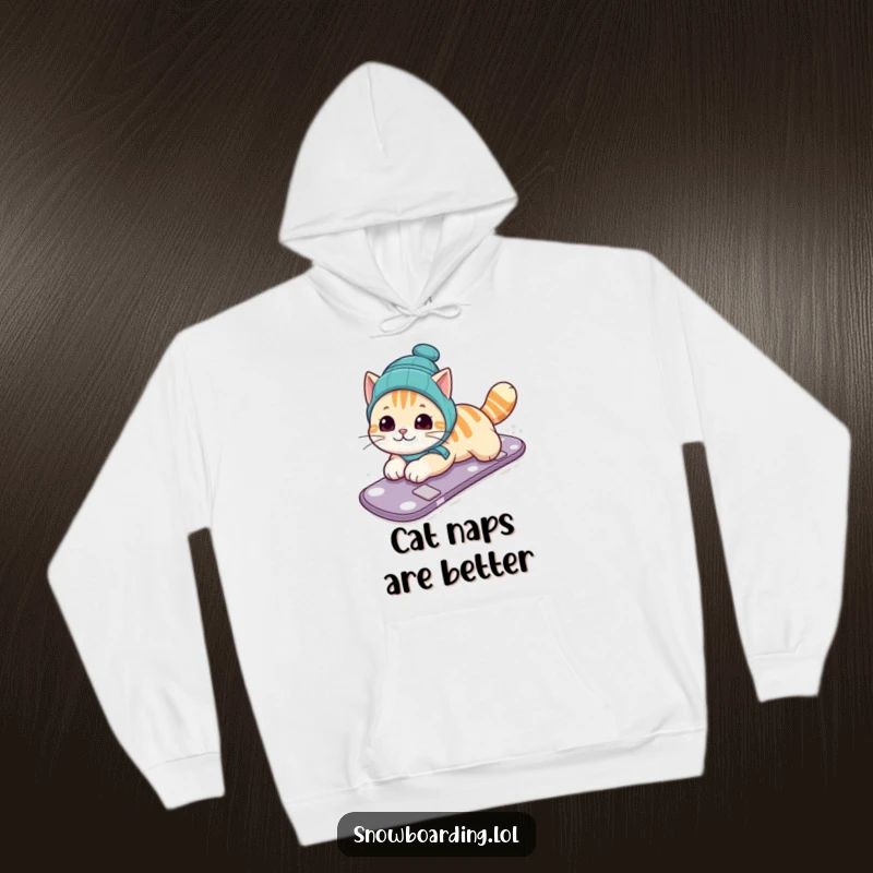Funny hoodie showcasing a curious cat mastering the belly-slide technique on a snowboard down a snowy slope, embodying funny feline grace.