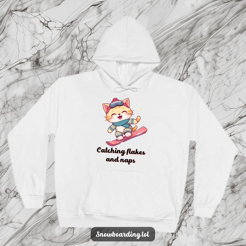 Funny snowboarding cat hoodie, a happy cat carving fresh powder with pure joy, perfect for cozying up after a day on the slopes.