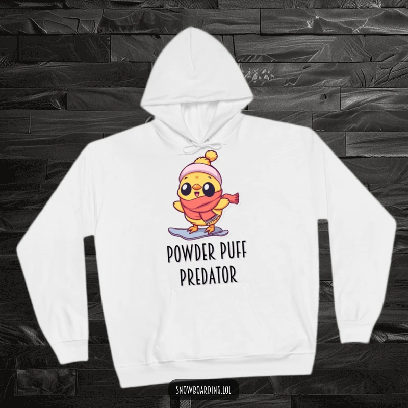 Funny hoodie depicting a delighted chick wearing a scarf, snowboarding with great enthusiasm.