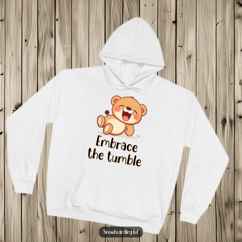 Funny hoodie depicting a joyful bear cub tumbling downhill, laughing heartily, a cartoon character exuding playful delight and comfort.