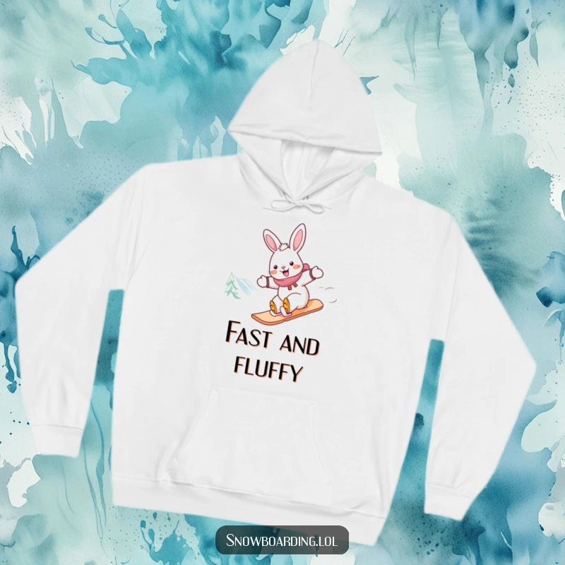 Funny rabbit snowboarding hoodie, a cheerful rabbit zooming down a mountain on a snowboard, radiating happiness and speed.