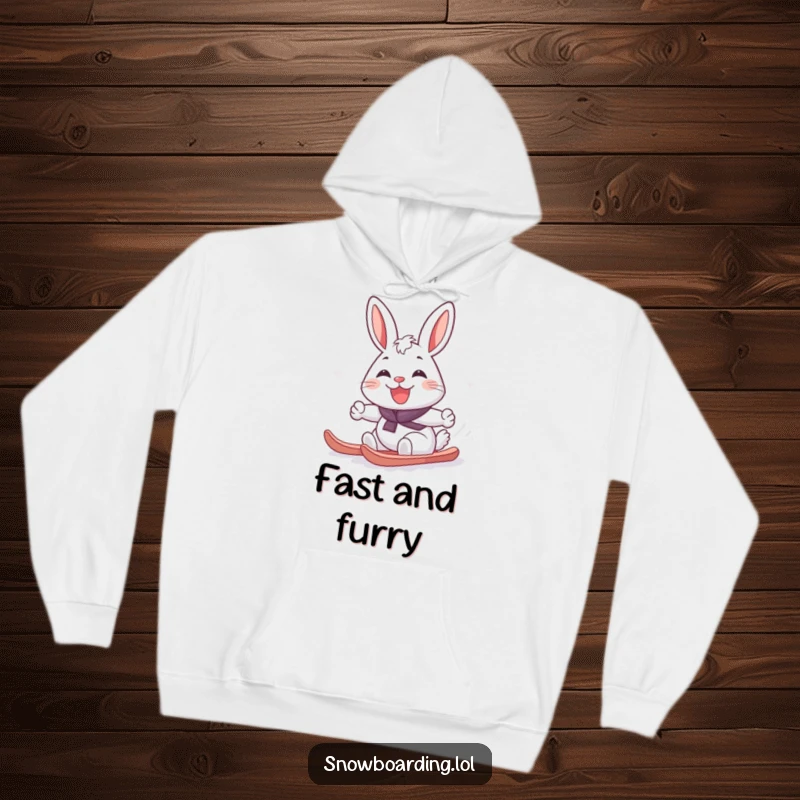 Funny cheerful rabbit carving a snowboard turn with a big grin, featured on a cozy hoodie for humorous winter comfort.