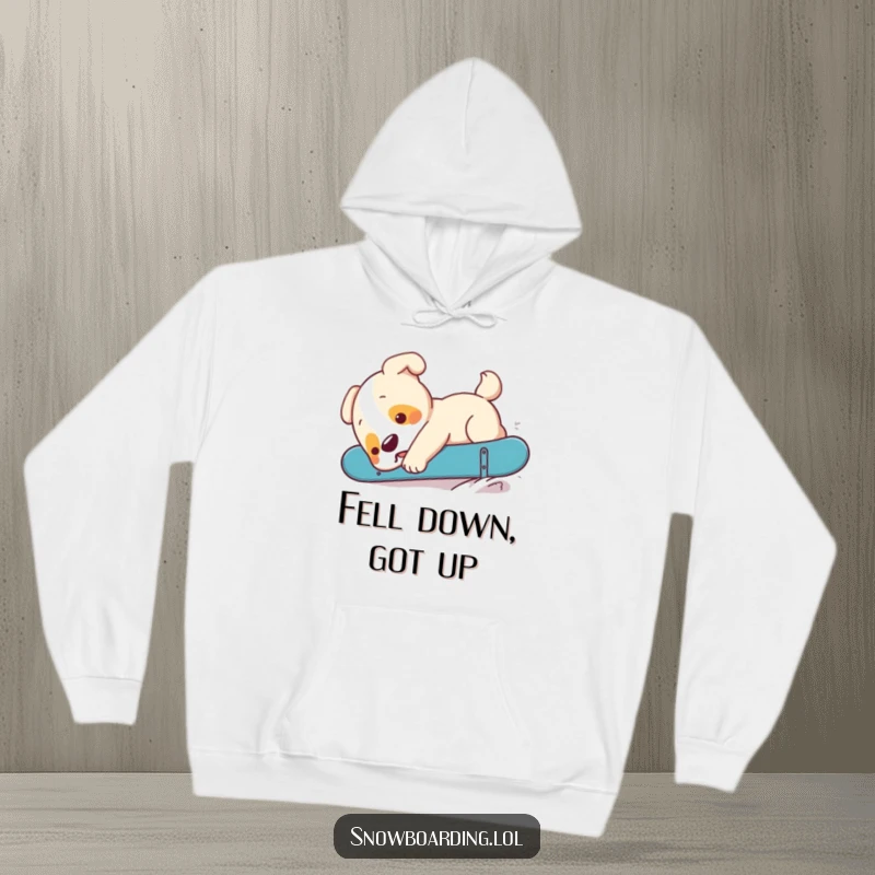 Funny, fluffy puppy gracefully (or not so gracefully) falling off a snowboard, a cozy and hilarious hoodie.