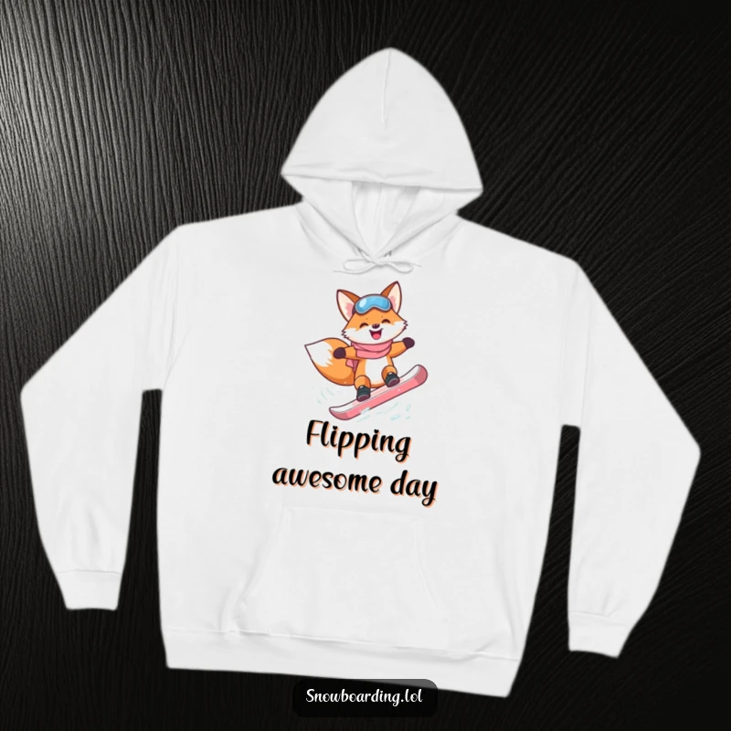 Funny happy fox attempting a flip on a snowboard, featured on a hoodie.