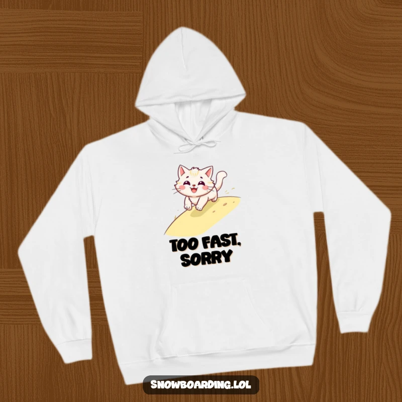 Funny cat hoodie, smiling and a blur of fur speeding down a hill, offering warmth and a humorous nod to pet energy.