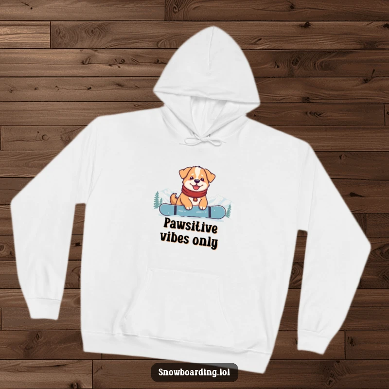 Funny Content Dog Snowboarder Hoodie: A warm hoodie depicting a happy dog relaxing on a snowboard at the mountain top.