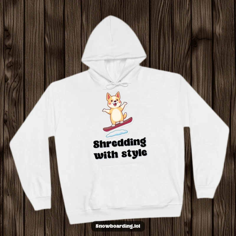 Funny hoodie with a happy, dancing dog balancing perfectly on a snowboard, its tail wagging with joy.