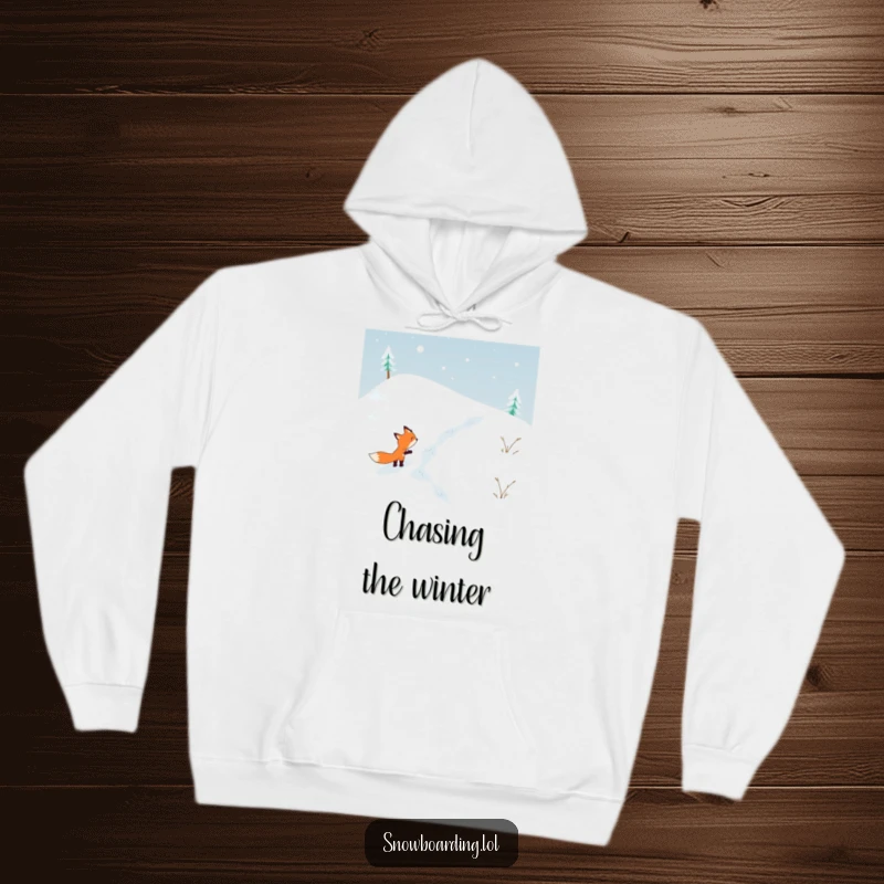 Funny hoodie featuring a determined fox skiing down a snowy hill, exuding focus and winter adventure humor.