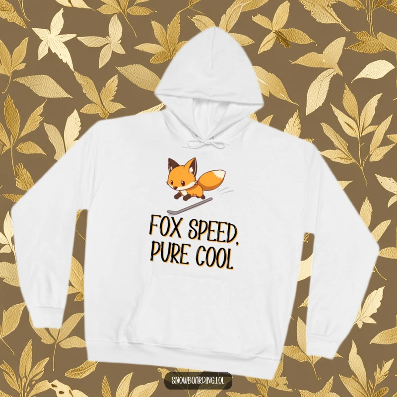 Funny hoodie featuring a determined fox snowboarding swiftly down a mountain slope, combining warmth, style, and humor for winter wear.