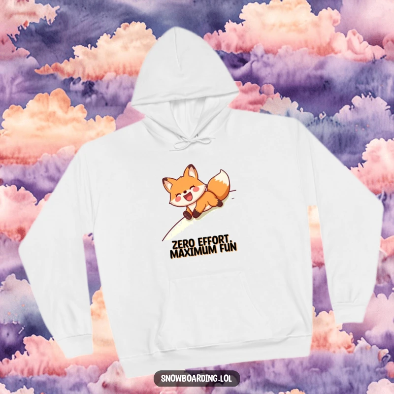 Cozy hoodie featuring a funny, joyful fox sliding downhill on its belly, spreading cheer.