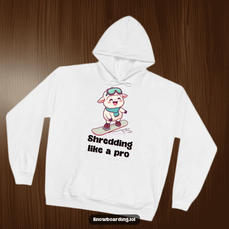 Funny hoodie with a gleeful sheep struggling to balance on a snowboard, looking utterly amused. Ideal for cold weather fun.
