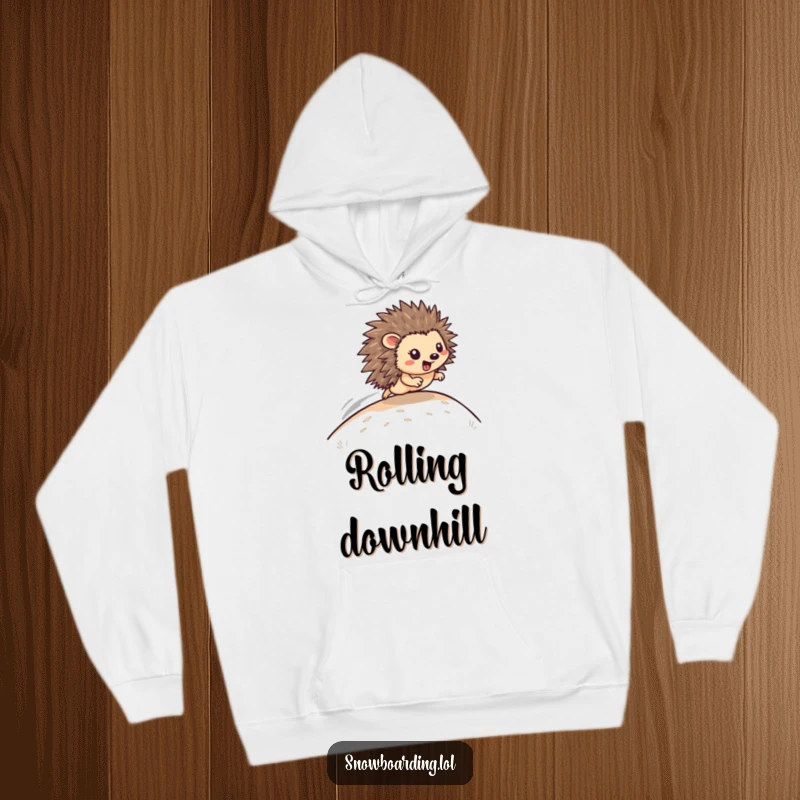 Funny Hoodie: A happy hedgehog zooms down a hill, printed on a warm and cozy hoodie.