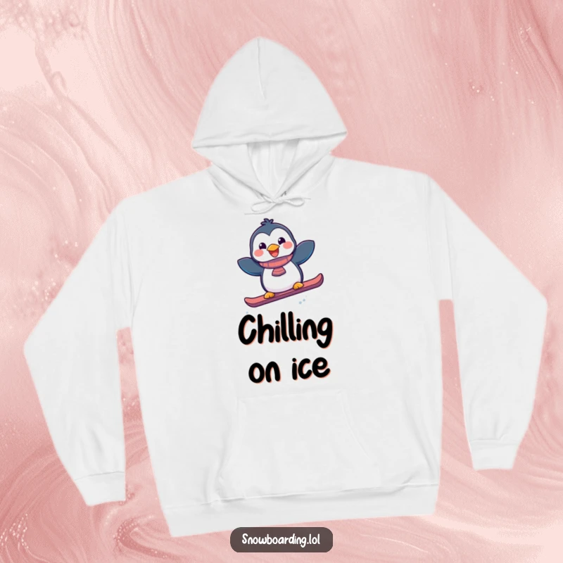 Funny joyful penguin performing a playful snowboard jump, cozy hoodie for winter enthusiasts and humor lovers.