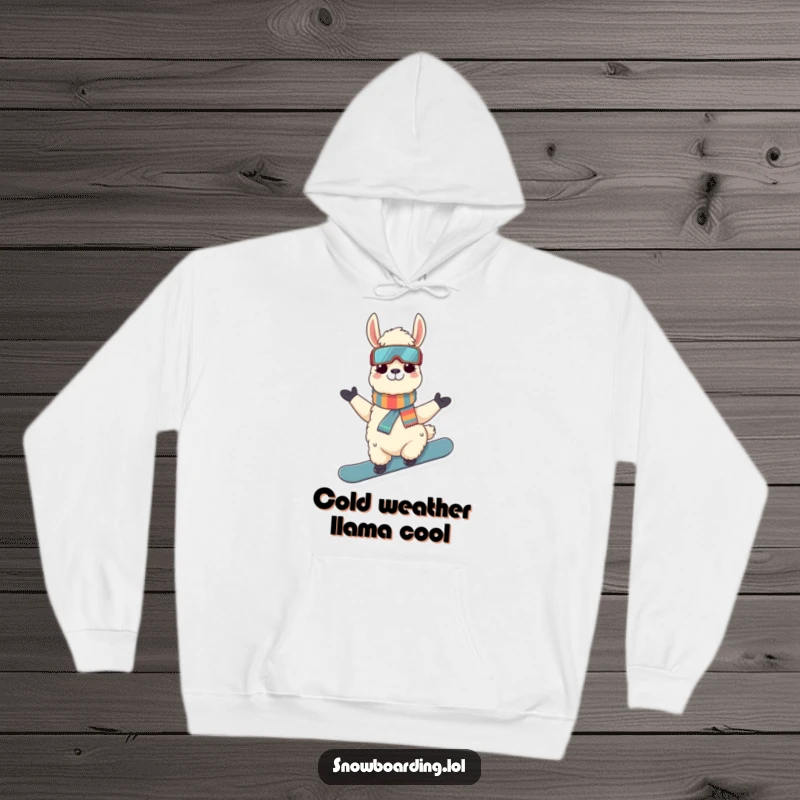 Funny Llama Snowboarder Hoodie: A stylish llama striking a cool pose on a snowboard, perfect for cozying up after winter sports.