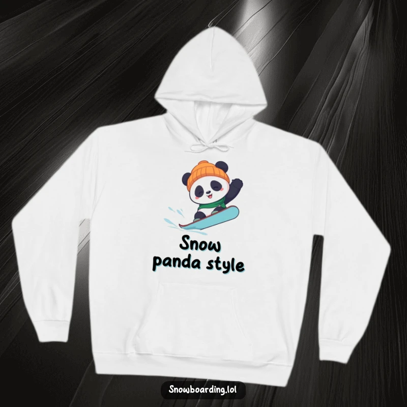Funny panda snowboard hoodie showcasing a panda attempting a wild flip, offering ultimate comfort and a hilarious visual for winter enthusiasts.