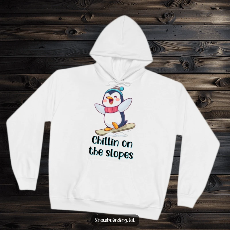 Funny Penguin Snowboarder Hoodie: A delighted penguin executing a wobbly, yet enthusiastic, snowboard trick in the snow.