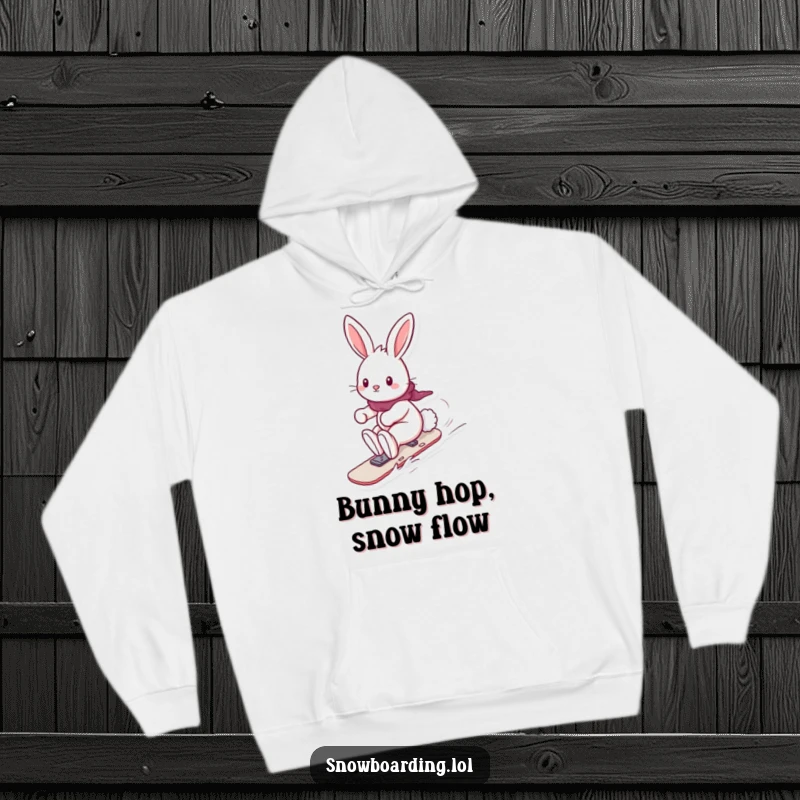 Funny hoodie featuring a playful bunny snowboarding with its fluffy tail trailing, combining warmth, comfort, and humor for winter.