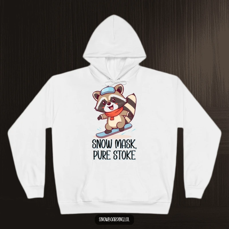 Funny Raccoon Hoodie, captured mid-air doing a joyful snowboard spin, perfect for cozying up after a day on the slopes.
