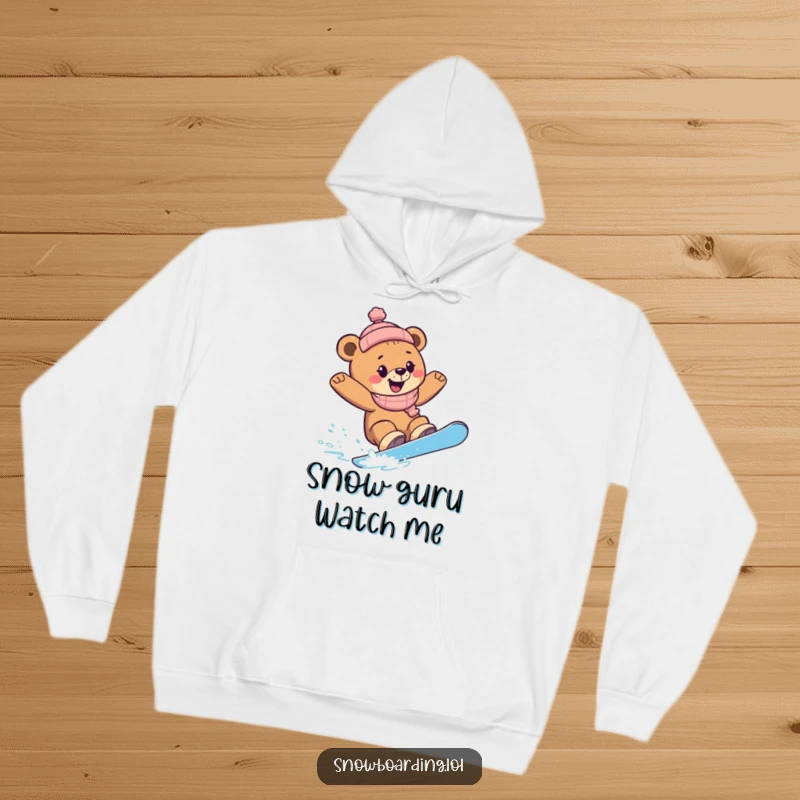 Funny Snowboard Bear Cub Hoodie: A bear cub gleefully carving sharp turns while snowboarding, radiating winter fun.