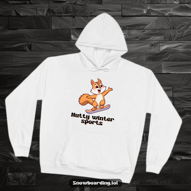 Funny squirrel snowboard hoodie showing a squirrel mid-jump on a tiny snowboard, offering warmth and humorous winter vibes.