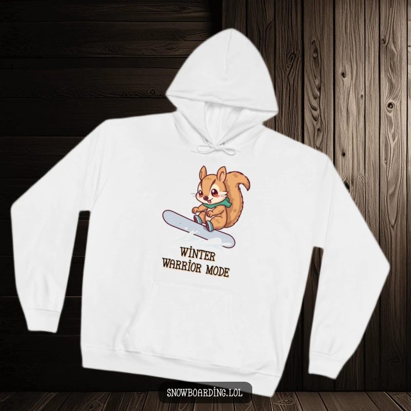 Funny hoodie depicting a determined squirrel snowboarding and attempting a trick, a cartoon character ready for winter adventure.