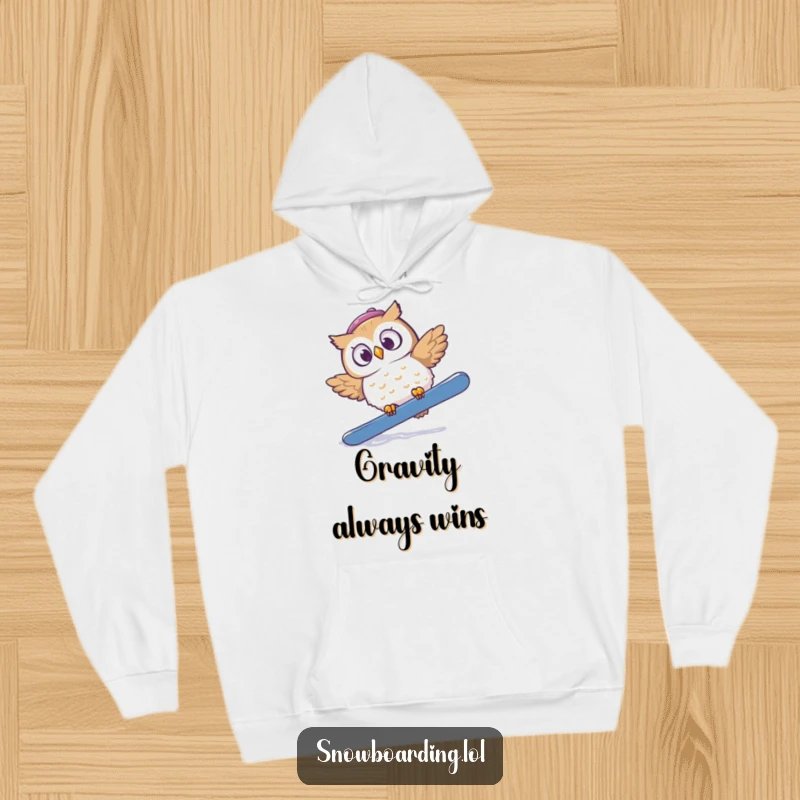 Funny hoodie featuring a startled owl tumbling off a snowboard, looking comically surprised and wide-eyed.