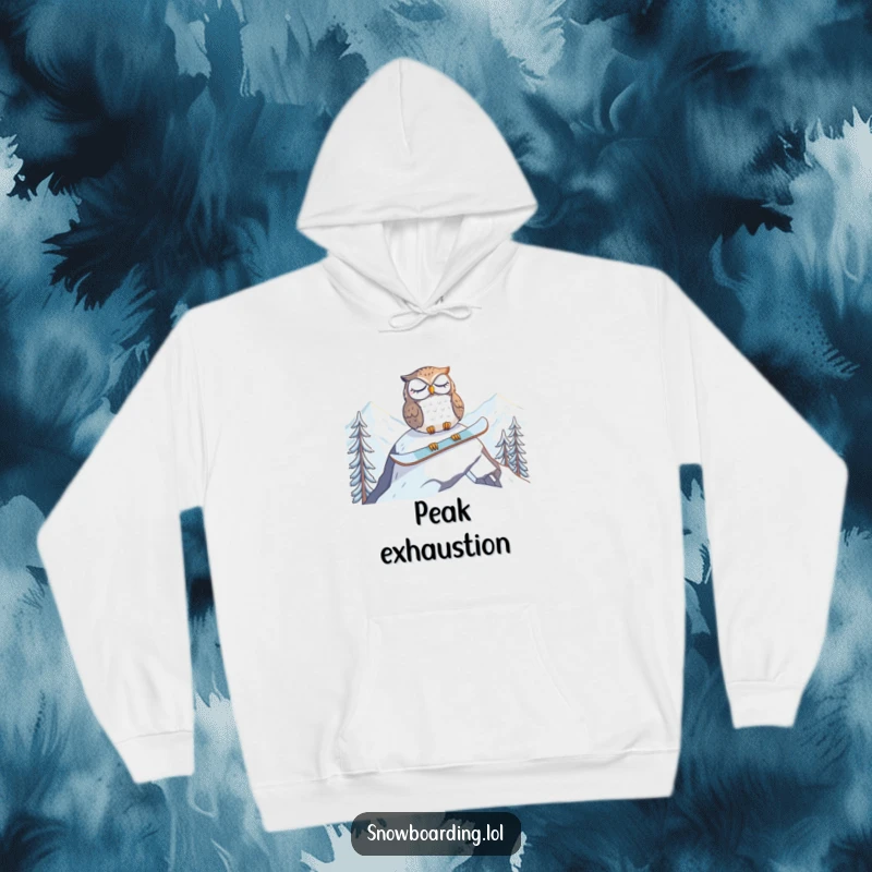 Funny hoodie featuring a tired owl napping on a snowboard at the mountain peak, perfect for staying warm and sleepy.