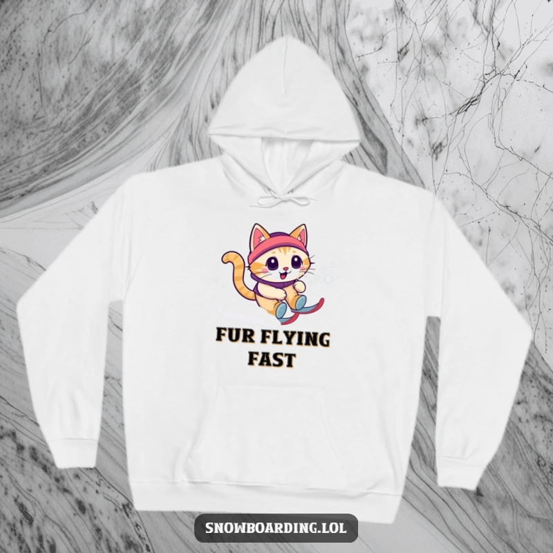 Funny cat snow zoomie hoodie featuring a cat racing down a snowy slope, creating a cozy and humorous winter statement.