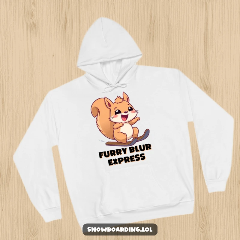 Funny hoodie with an overjoyed squirrel speeding downhill, wind in its fur, pure exhilaration on its face. Cozy and fun.