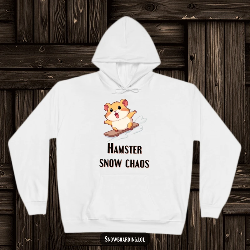 Funny hoodie showing a surprised hamster comically tumbling down a snowy slope on a snowboard, looking endearingly bewildered.