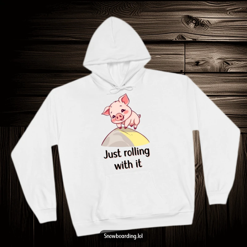 Funny hoodie depicting a playful piglet comically wobbling down a gentle slope, a cartoon character radiating adorable charm.