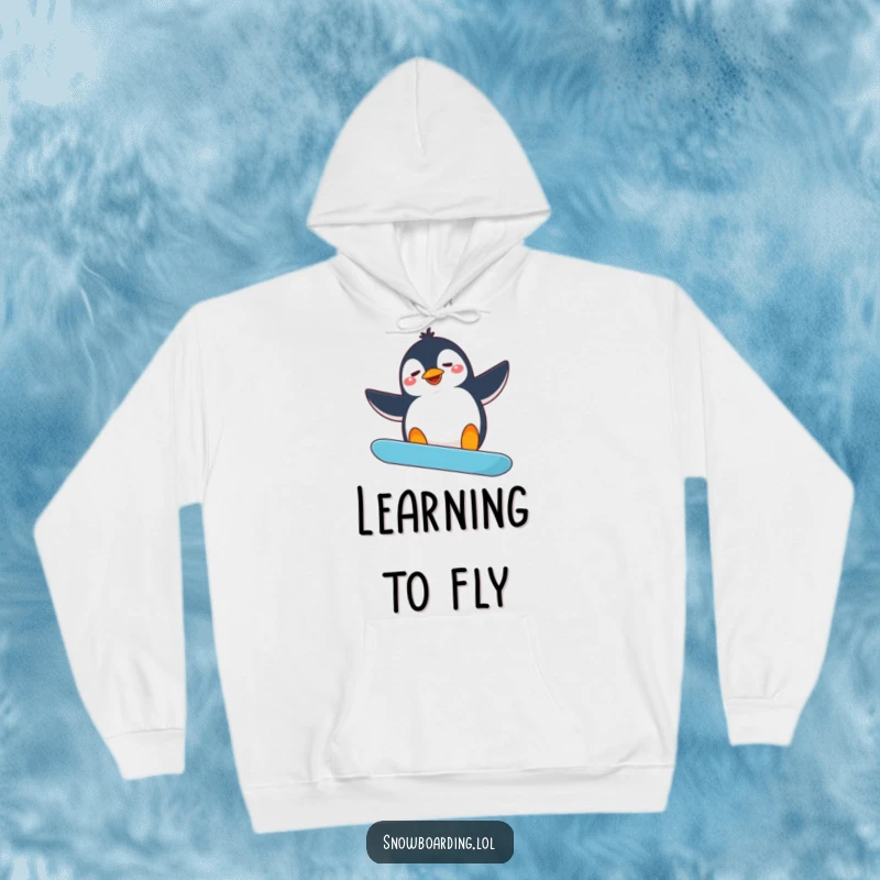 Funny penguin snowboarding hoodie, a silly penguin with flailing arms trying a snowboard spin, full of comedic effort.