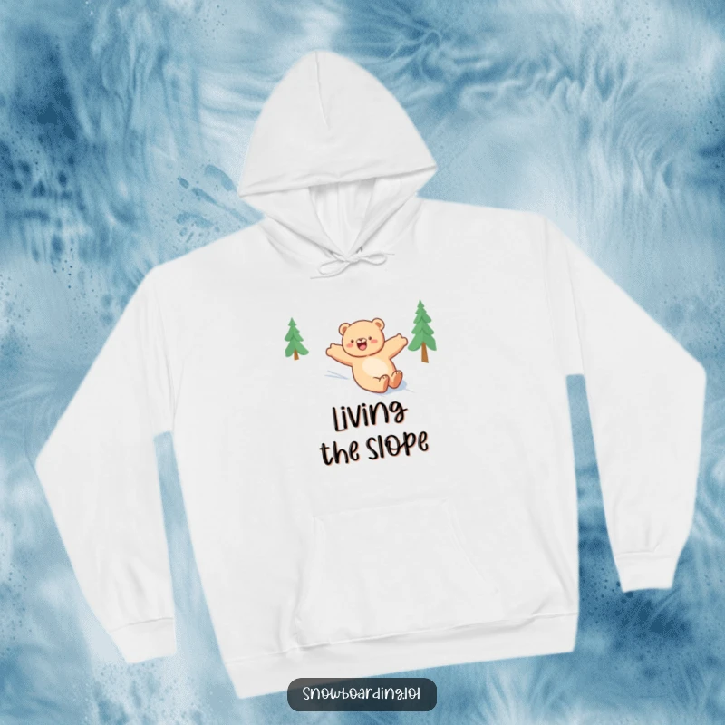 Funny bear hoodie, joyfully sliding down a snowy slope with arms outstretched, embodying the fun and freedom of winter.