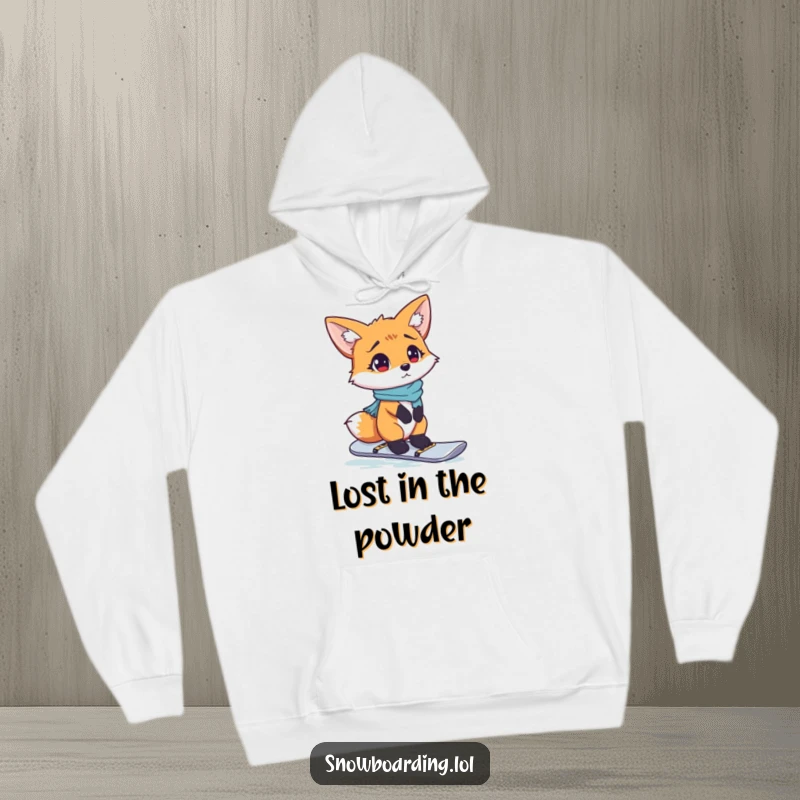 Funny hoodie showcasing a curious fox with a confused look, attempting to balance on a snowboard.