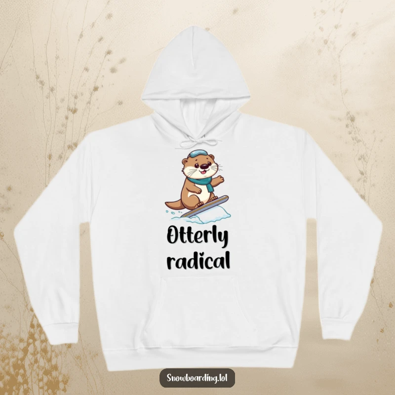 Funny Hoodie: A proud otter lands a snowboard jump, depicted on a warm and cozy hoodie for fans.